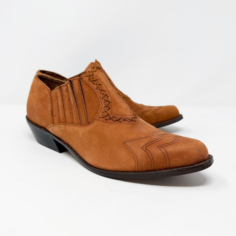 Vintage 90s Wild Pair Orange Suede Western Ankle Booties Sz 6.5 Stitched Design